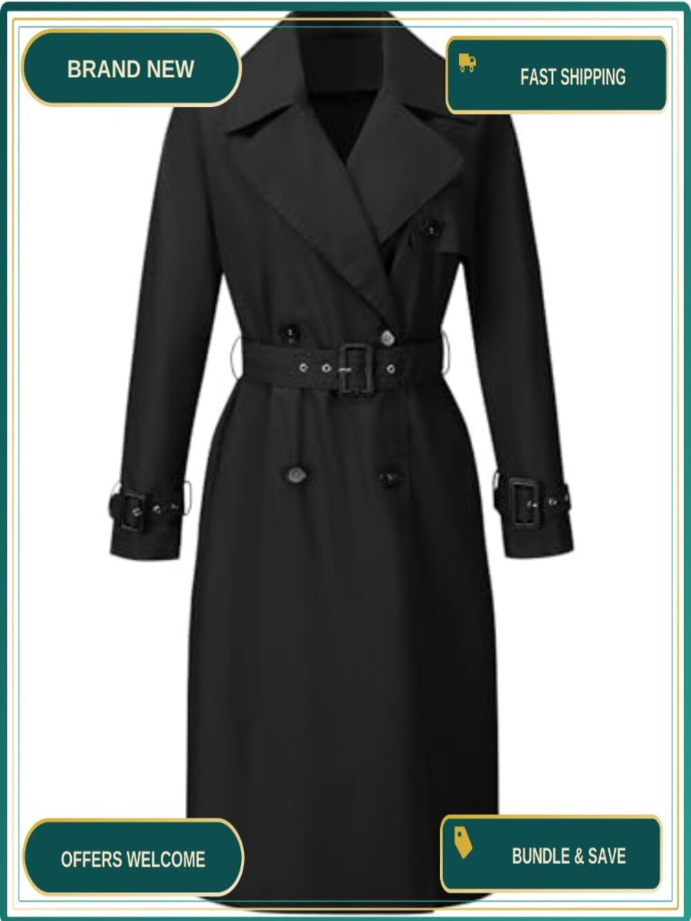Women's Double-Breasted Long Trench Coat Water Resistant Belted